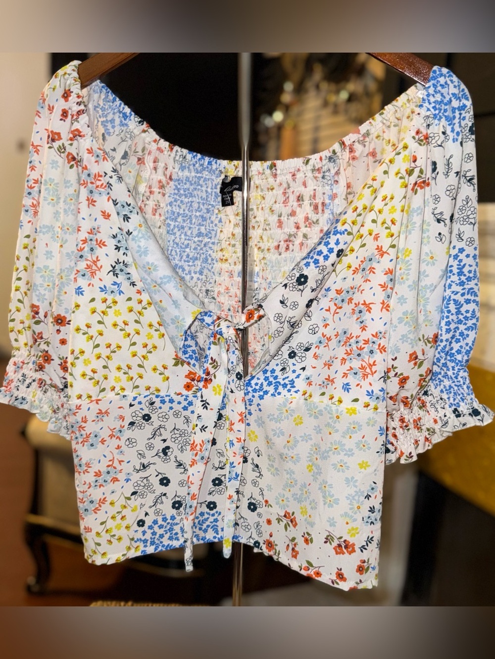 Smocked Patchwork Floral Tie-Front Blouse - Multicolor